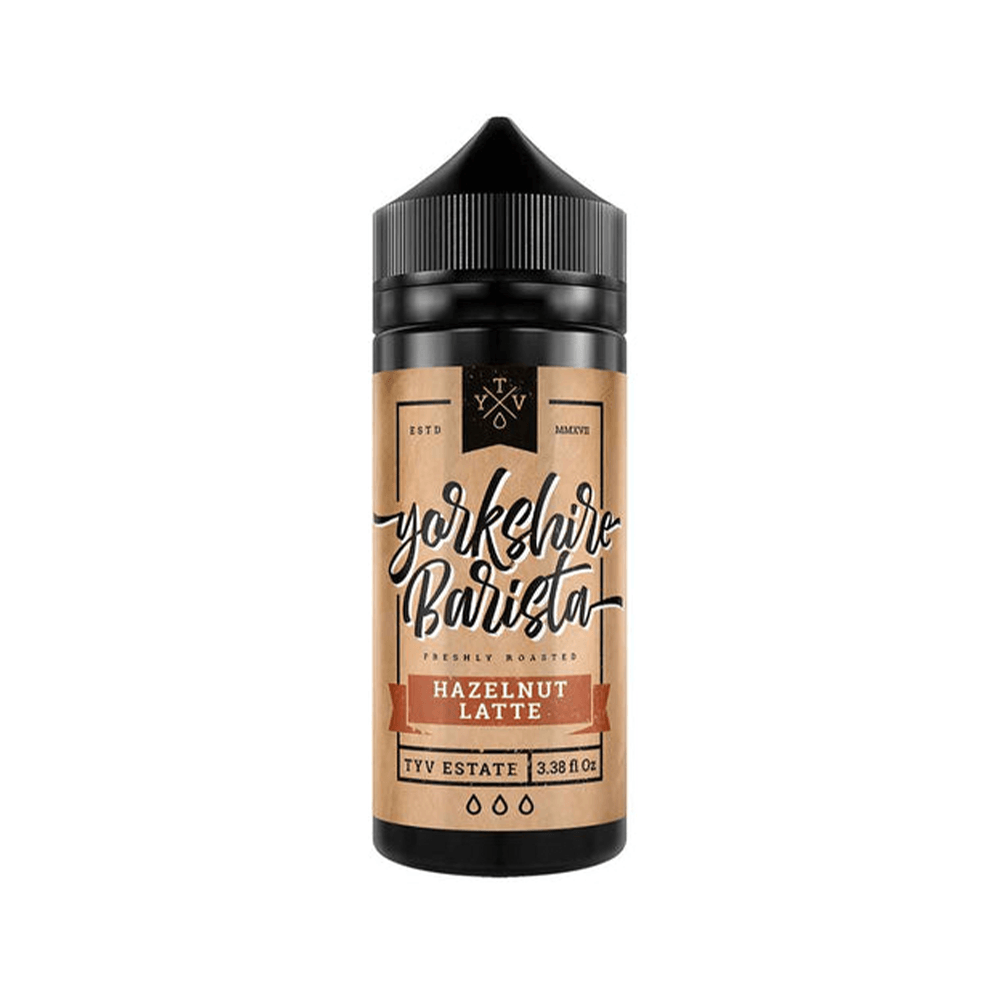 Yorkshire Barista Hazelnut Latte 100ml shortfill bottle with a brown label and black cap.