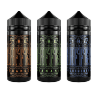 Three bottles of The Gaffer e-liquid: Orange, Banana, and Blueberry flavours.