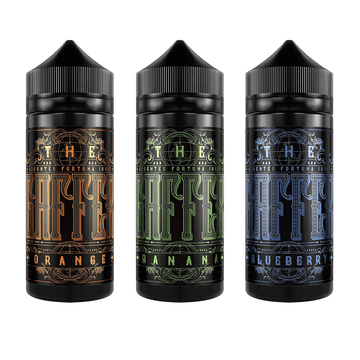 Three bottles of The Gaffer e-liquid: Orange, Banana, and Blueberry flavours.