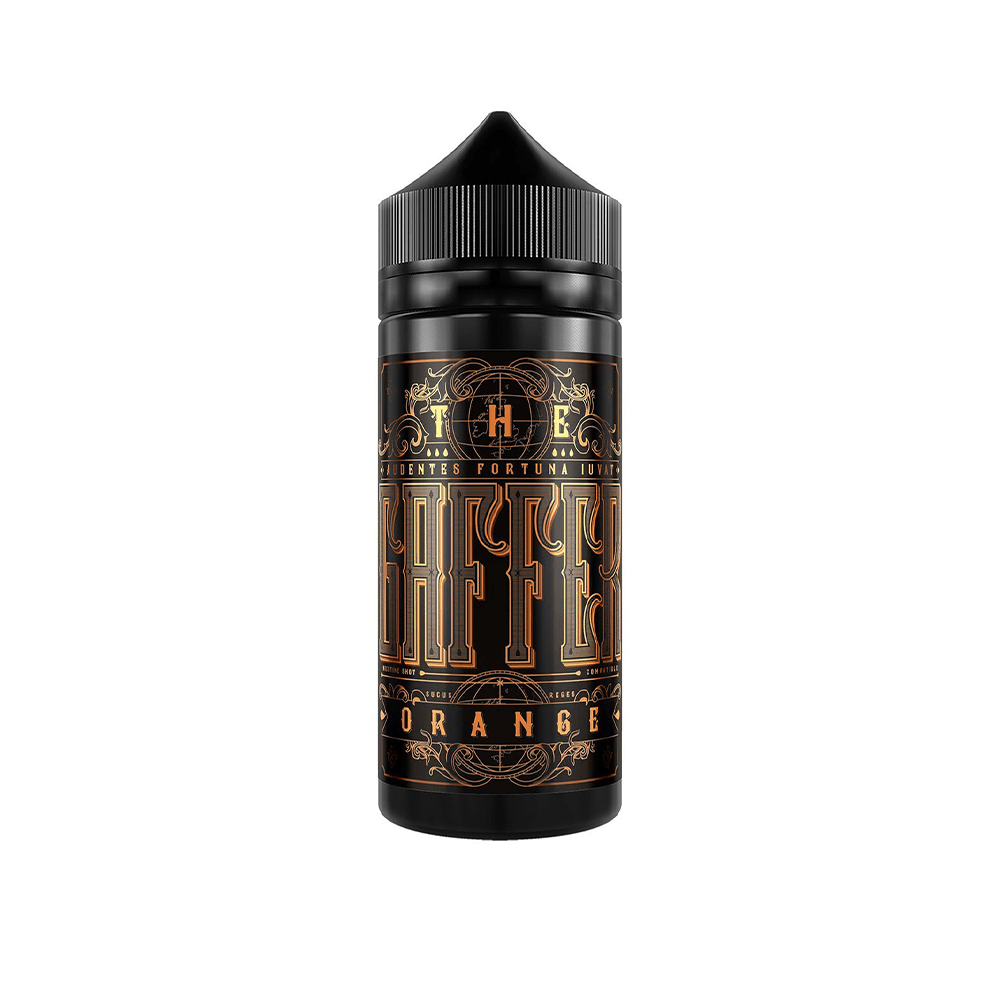 Black vape juice bottle with ornate "The Gaffer" label in orange and gold accents.