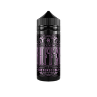 The Gaffer Butterscotch vape juice bottle with ornate purple text on a black background.