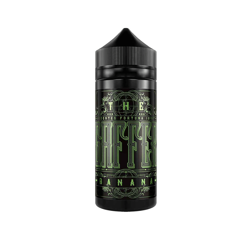 Black vape juice bottle with "The Gaffer Banana" label in green and white.