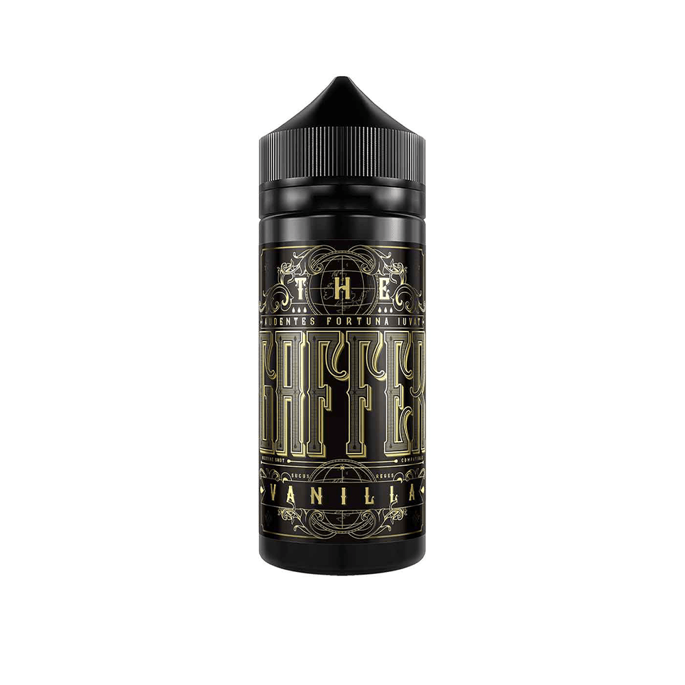 The Gaffer Vanilla e-liquid bottle with ornate gold design on a black background.