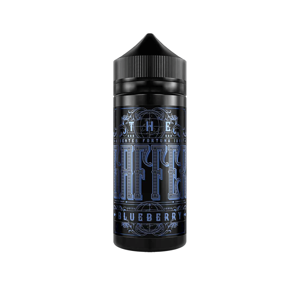 The Gaffer Blueberry vape juice bottle with intricate blue and black label design.