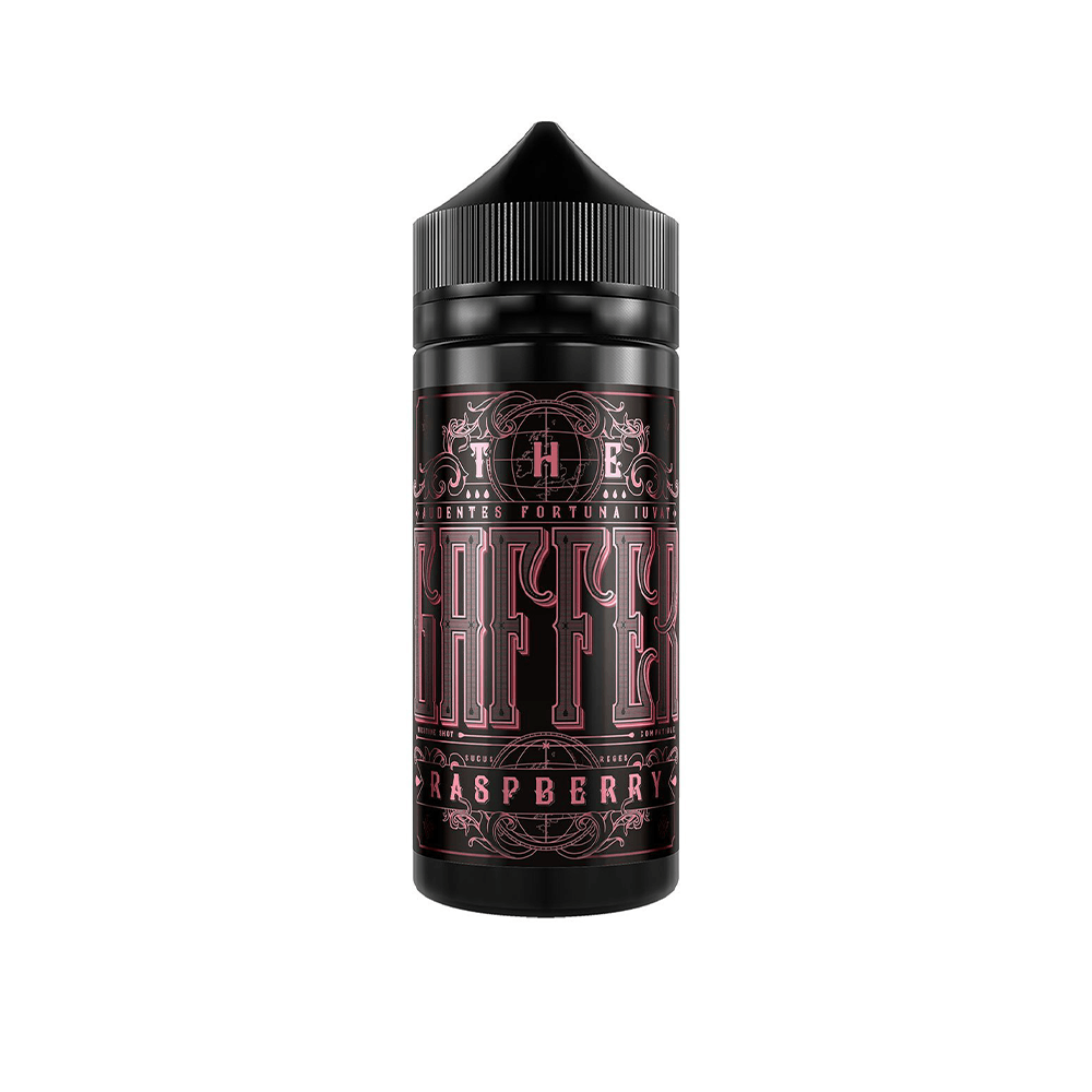 Black vape juice bottle with ornate "The Gaffer" raspberry label design.