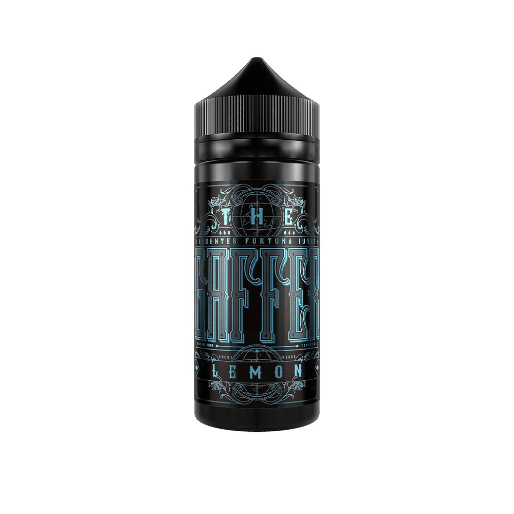 Black vape juice bottle with ornate blue "The Gaffer" label featuring lemon flavour.