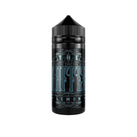 Black vape juice bottle with ornate blue "The Gaffer" label featuring lemon flavour.