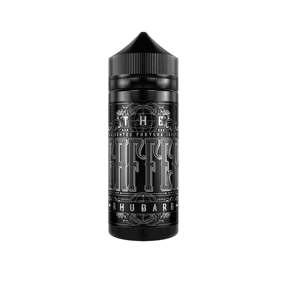 Black vape juice bottle with ornate white text and design.