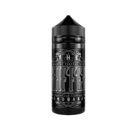 Black vape juice bottle with ornate white text and design.