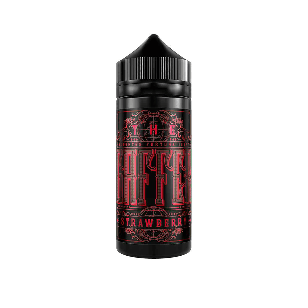 Black vape juice bottle with red "The Gaffer" label and strawberry flavour text.