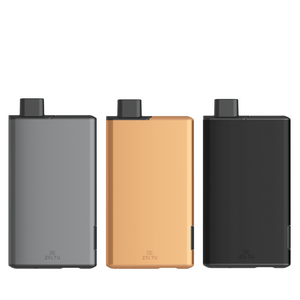 Three Zeltu X3 Prefilled Pod Vape Kits in grey, gold, and black, side by side.