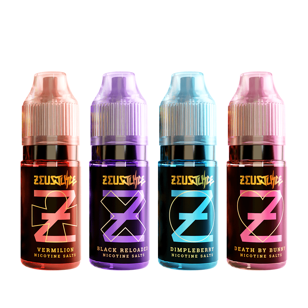 Four Zeus Juice nicotine salt bottles in vibrant colours and designs.