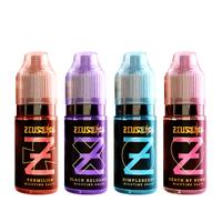 Four Zeus Juice nicotine salt bottles in vibrant colours and designs.