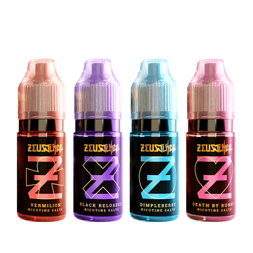 Four Zeus Juice nicotine salt bottles in vibrant colours and designs.