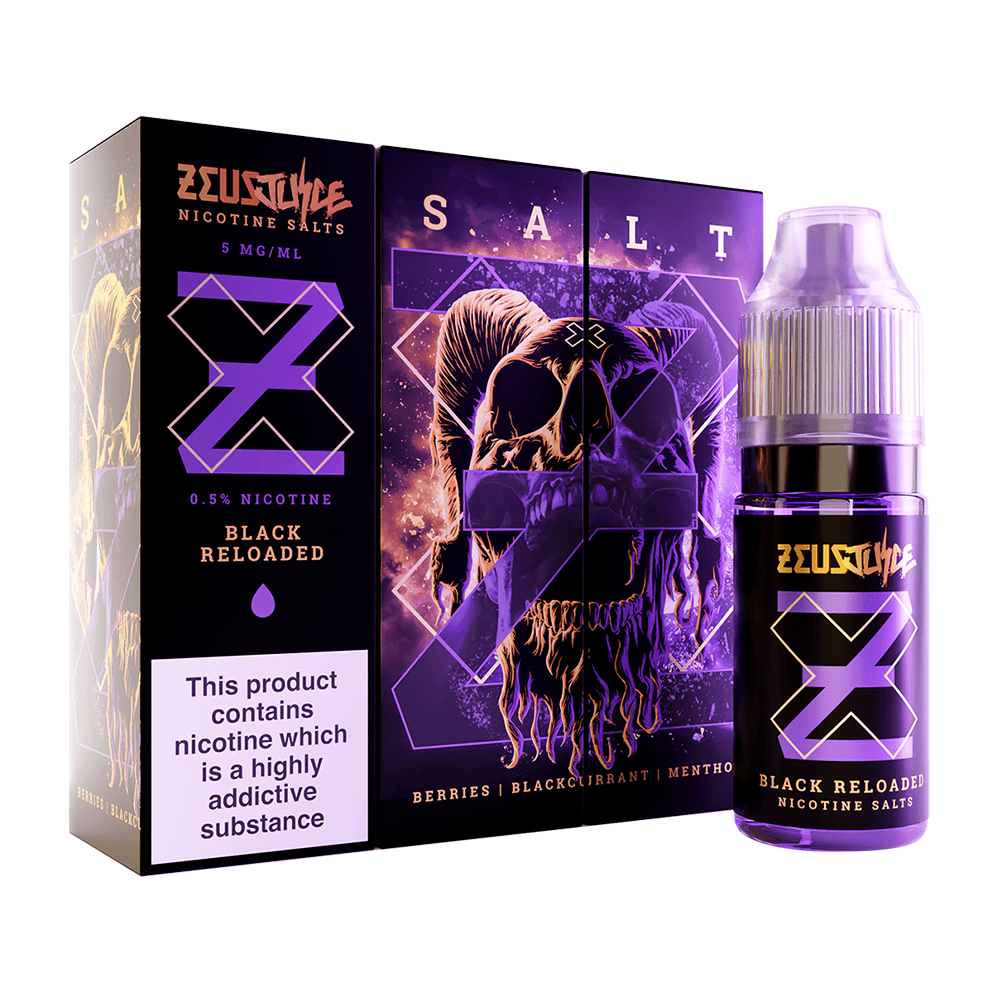 Zeus Juice Black Reloaded vape juice with berries, blackcurrant, menthol, and nicotine salts.