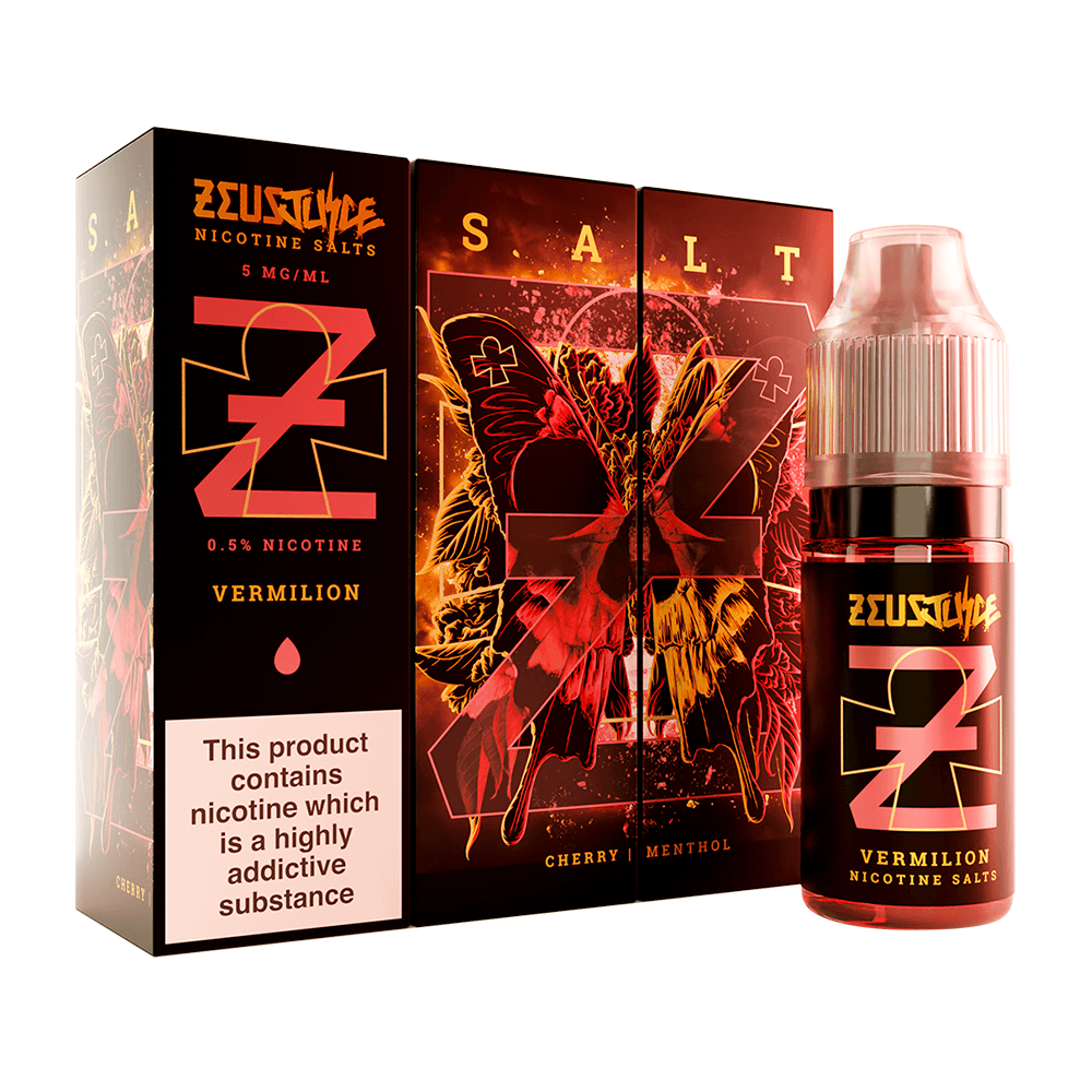 Zeus Juice Vermilion Nicotine Salts, cherry menthol flavour, 10ml bottle and packaging.