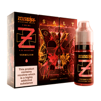 Zeus Juice Vermilion Nicotine Salts, cherry menthol flavour, 10ml bottle and packaging.