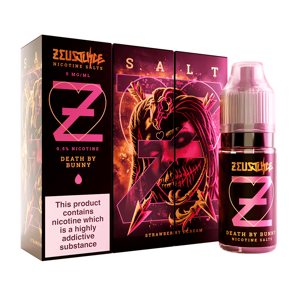 Zeus Juice "Death by Bunny" nicotine salt, strawberry flavour, 10ml bottle and packaging.