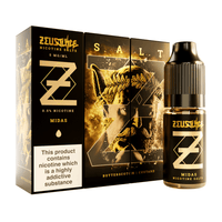 Zeus Juice Midas 10ml Nicotine Salts with butterscotch custard flavour packaging.