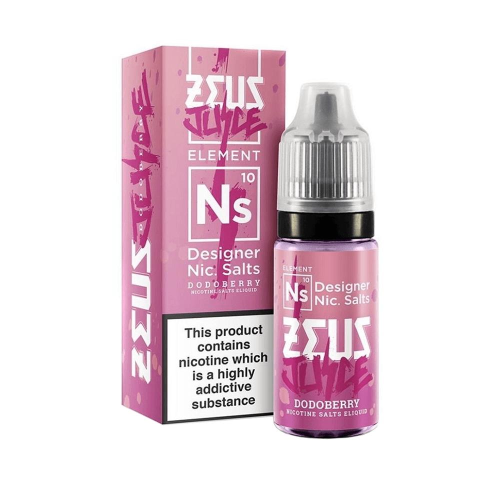 Zeus Juice Dodoberry 10ml Nic Salt, purple packaging, highly addictive warning.