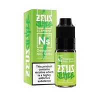 Zeus Juice nic salts bottle and box with green design and nicotine warning.