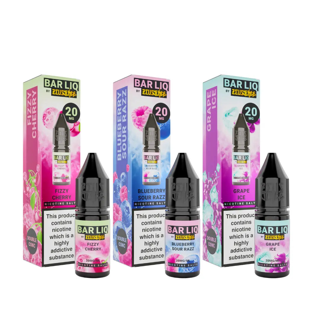 Zeus Juice Bar LIQ 10ml Nic Salts in Fizzy Cherry, Blueberry Sour Razz, and Grape Ice flavours