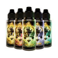 Five Zeus Juice e-liquid bottles: Monkey, Hades, Double Dragon, Lions Claw, Hydra, vibrant labels.