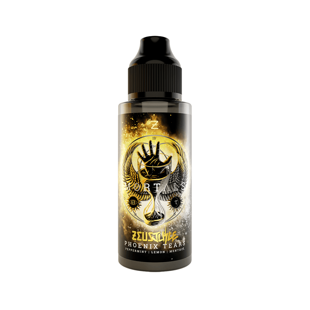 Zeus Juice Phoenix Tears 100ml bottle with a black cap, featuring mint and lemon artwork.