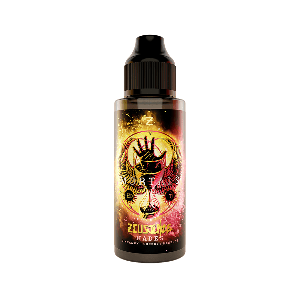 Zeus Juice Mortals Hades e-liquid bottle, featuring cinnamon, cherry, and menthol flavours.