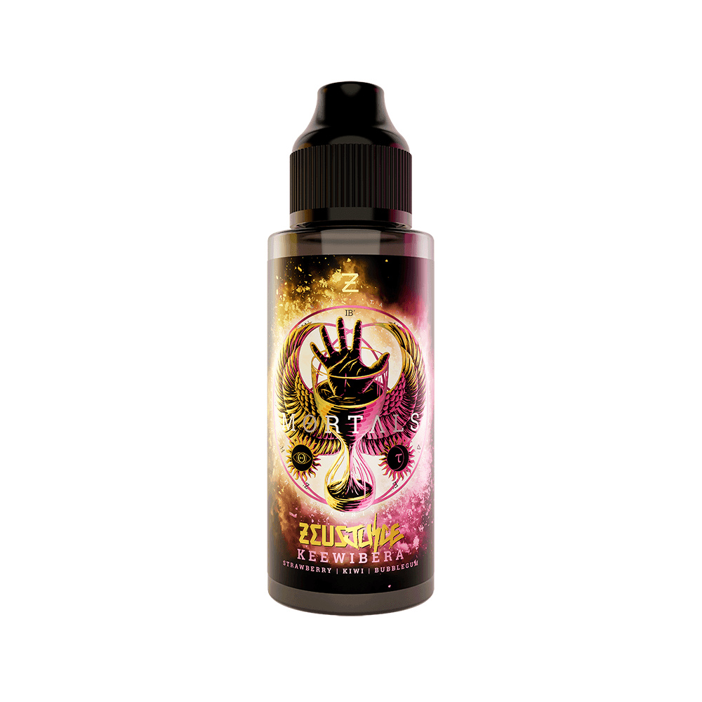 Zeus Juice Mortals Kiwi Berry 100ml shortfill vape bottle with vibrant pink and yellow label design.