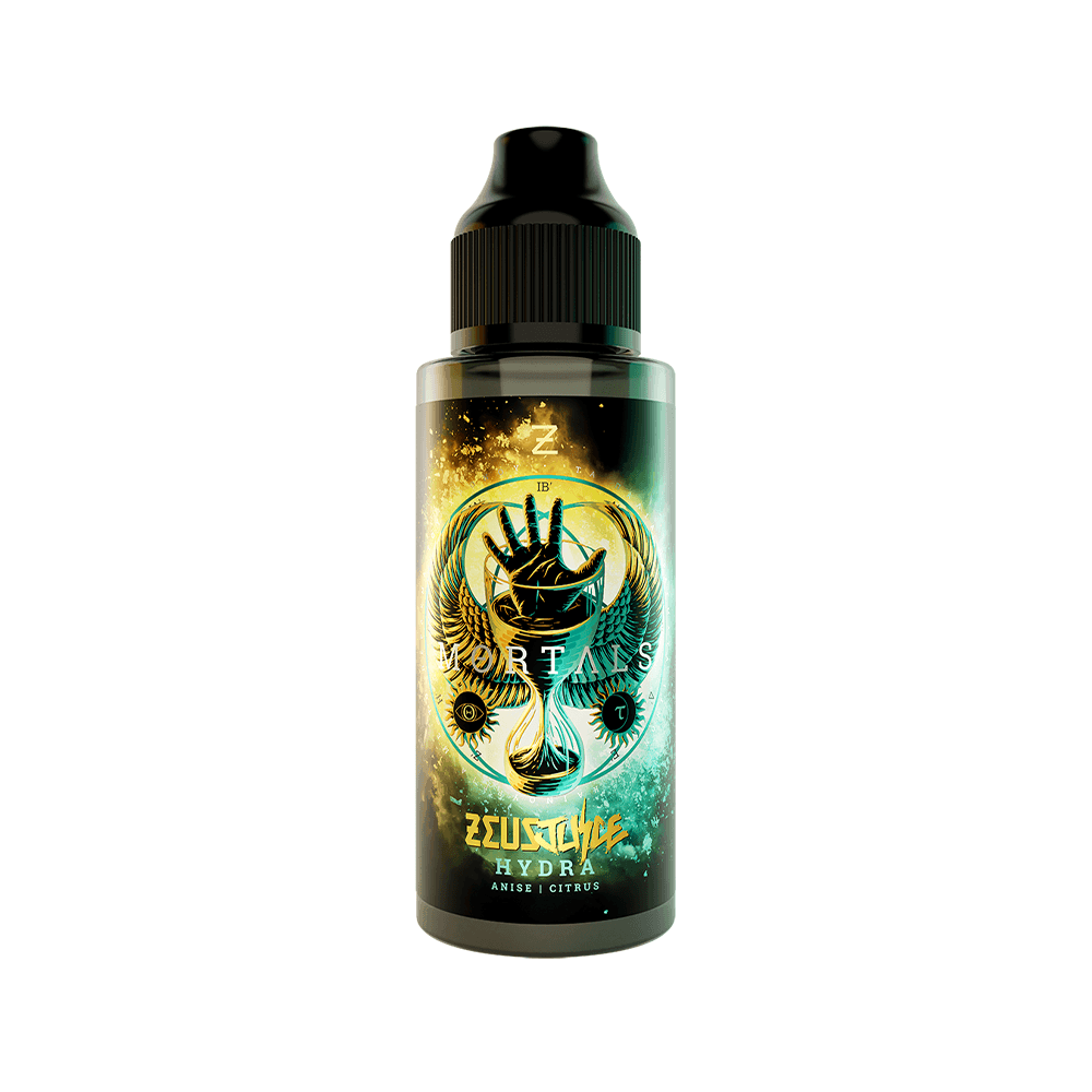 Zeus Juice Hydra vape bottle with mystical design, featuring wings and eyes.